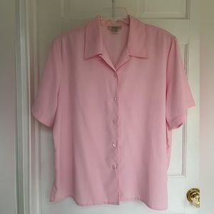 Springtime peony pink button-down, short sleeve blouse by Voir collection, XL